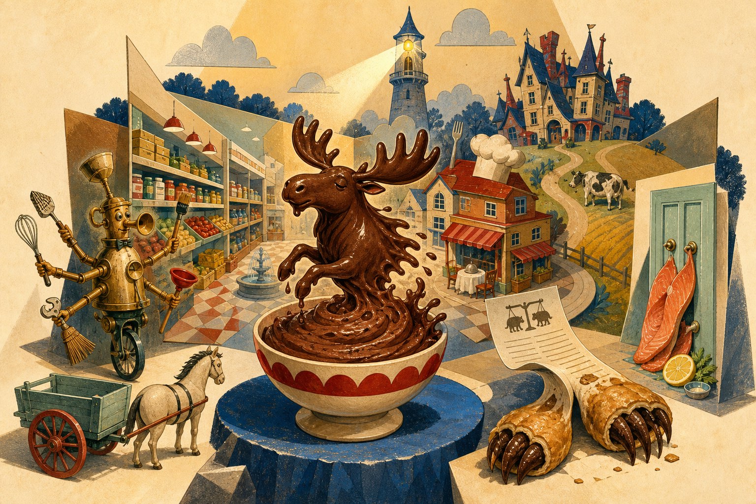 An impossible illustrated Punster where a chocolate moose becomes mousse, locks become lox, and a Jack-of-all-trades machine waves from the grocery aisle